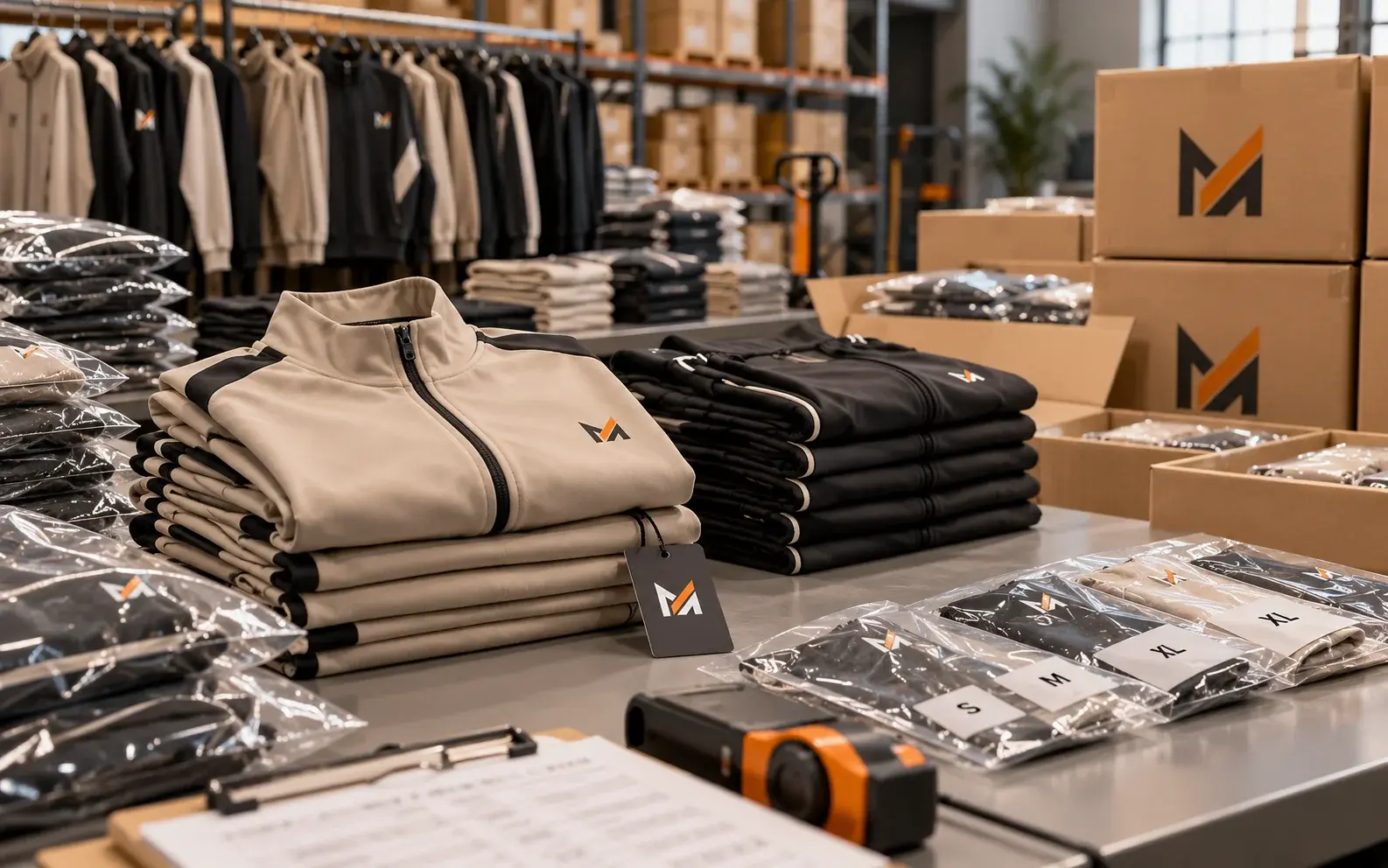 Bulk custom tracksuits arranged in an apparel production and packing area with branded hang tags, size-sorted packaging, folded garments, and shipping boxes representing factors that affect unit pricing.